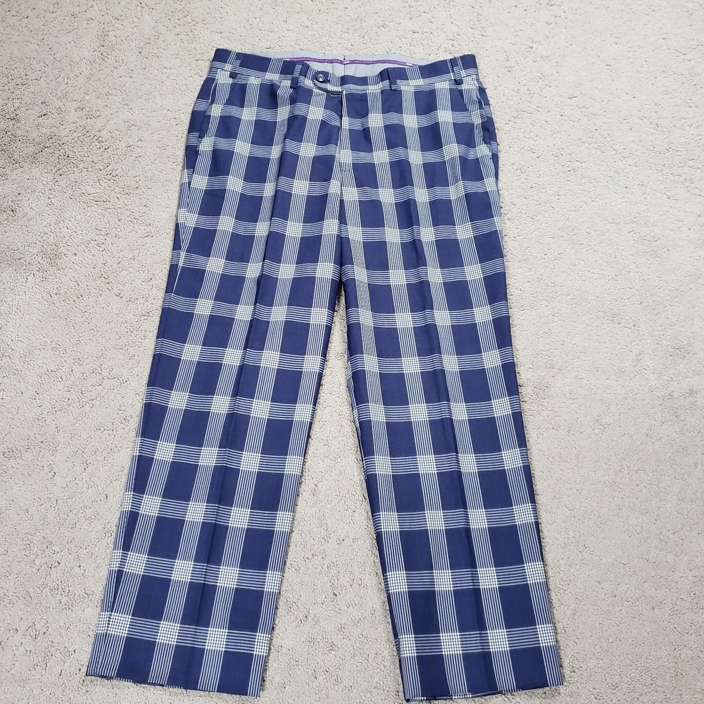 Hiltl‎ Pants Mens 36x28 Blue Plaid Wool Vitale Dress Trousers Loud Golf Party
